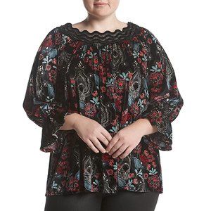 Womens Rafaella Plus Size Lace Collar Floral Print Velour Top Size 1X 3X NWT